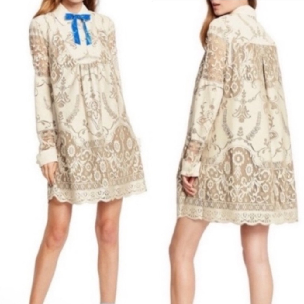 Anna Sui For Target Ivory Lace Shift Mini Long Sleeve Dress Babydoll Size Large